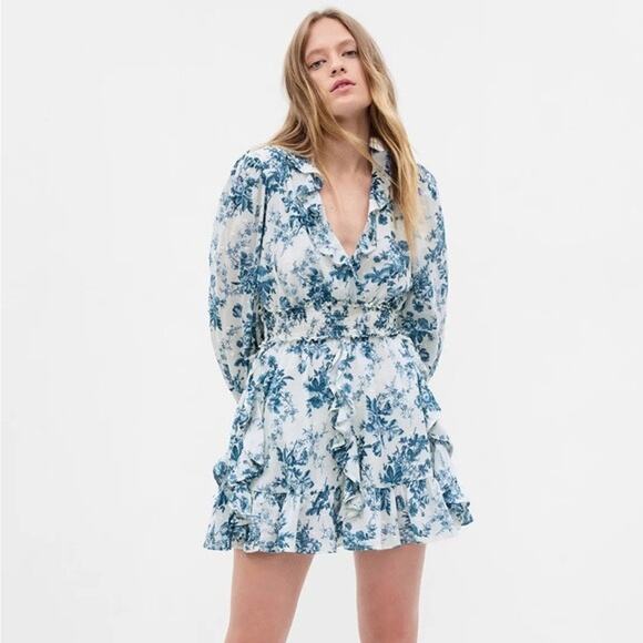 LoveShackFancy x Gap Smocked Ruffle Mini Dress in Blue Floral Size Small